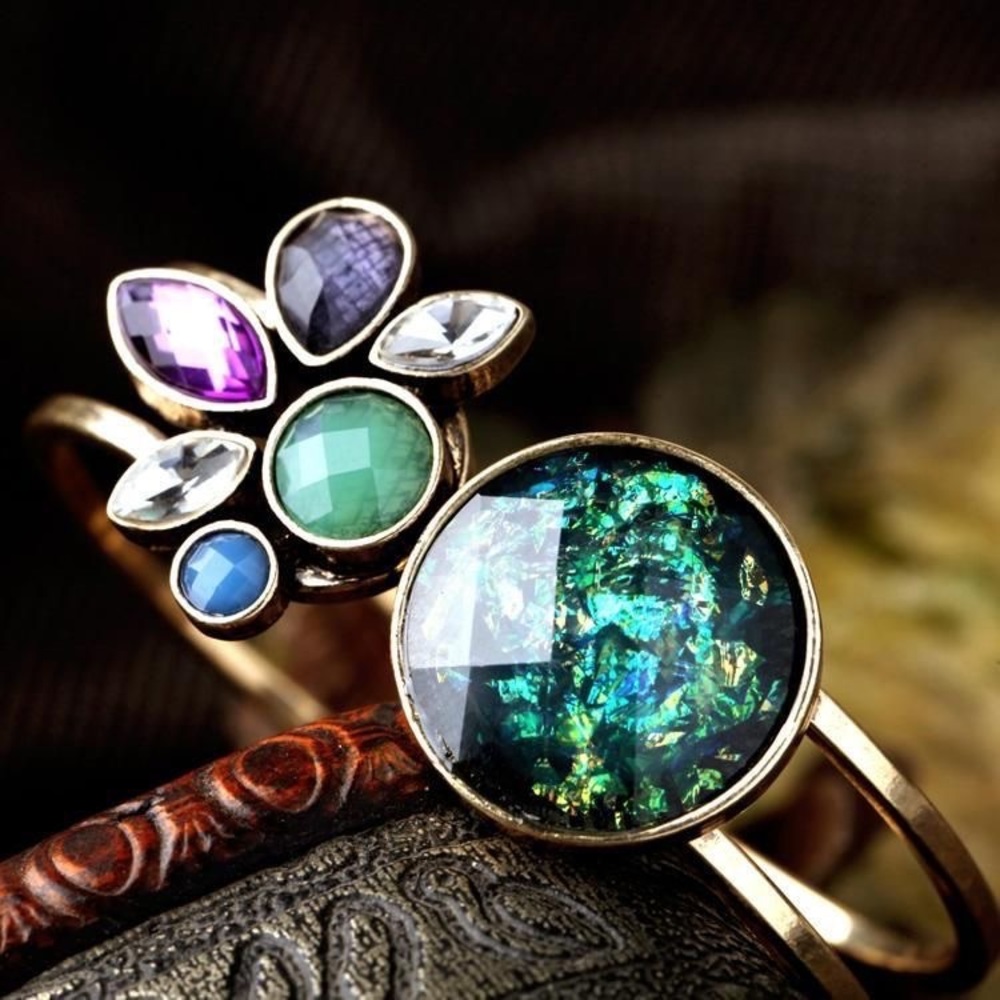 Mesmerizing Peacock Color Jewel-Tone Goldtone Cuff Bracelet Green Purple Crystal
